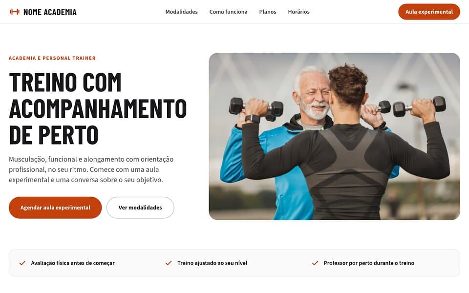 Prévia do template de landing page Academia e personal trainer