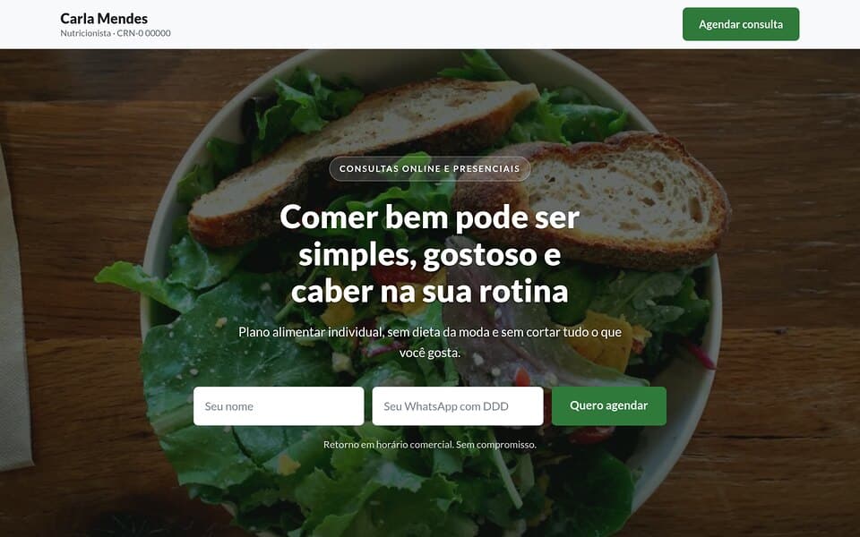 Prévia do template de landing page Nutricionista